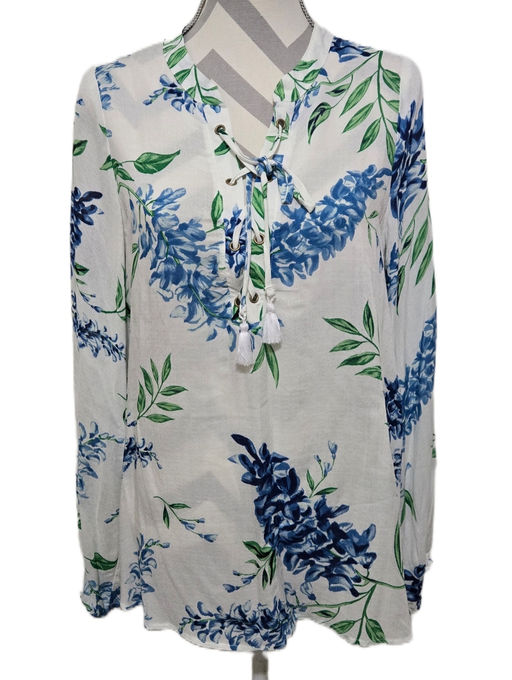 Show Me Your Mumu Thatcher Tie Top Blue Floral Wisteria Lace Up Tunic Small